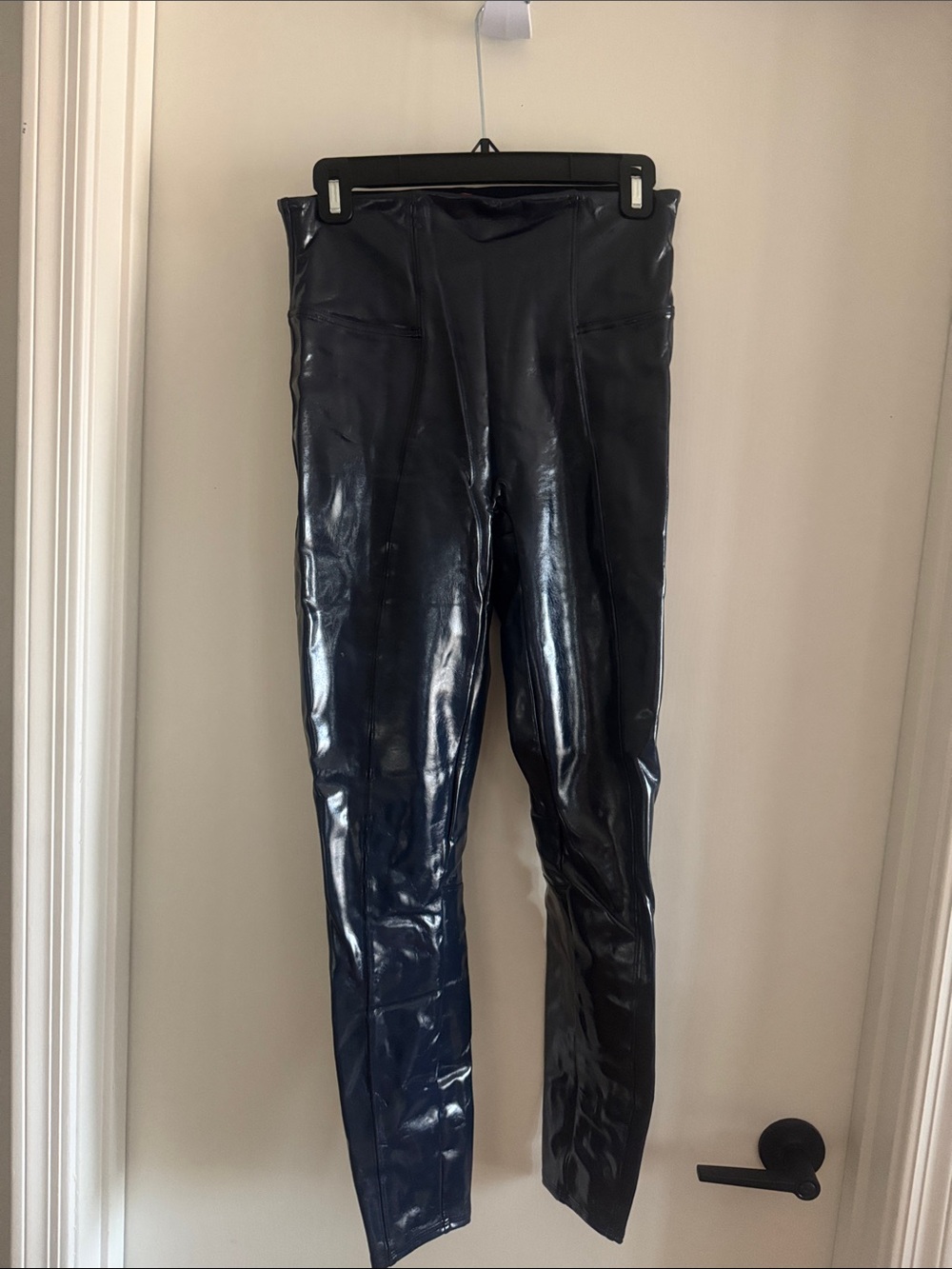 SPANX Glossy dark blue Faux Leather Leggings with Red Brand Tag